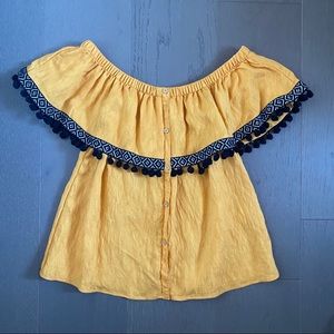 THML Mustard OTS Ruffle Pom Top